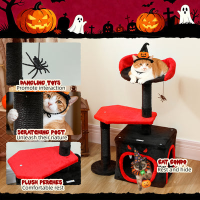 PawHut Cat Tree, Gothic Cat Tower with Scratching Posts, Cute Condo, Coffin Platform, Bed and Spider Toy, Halloween 