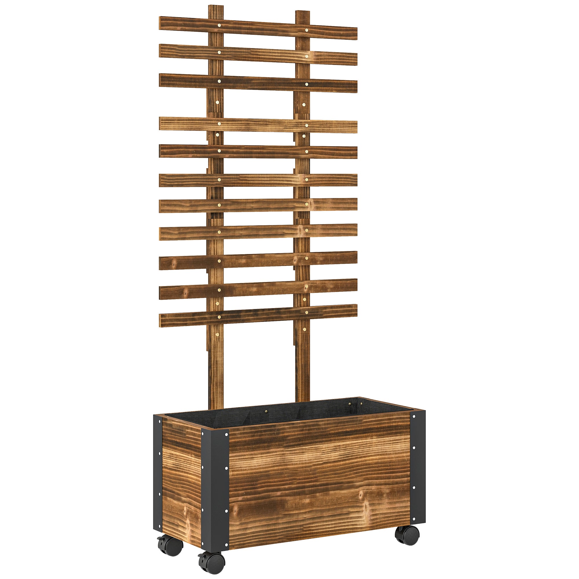 Outsunny Raised Garden Bed with Trellis, Outdoor Wooden Planter Box with Metal Corners and Wheels, Raised Bed for Garden 