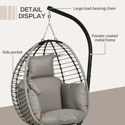 Outsunny Single Rattan Hanging Egg Chair, with Seat Cushion - Grey 