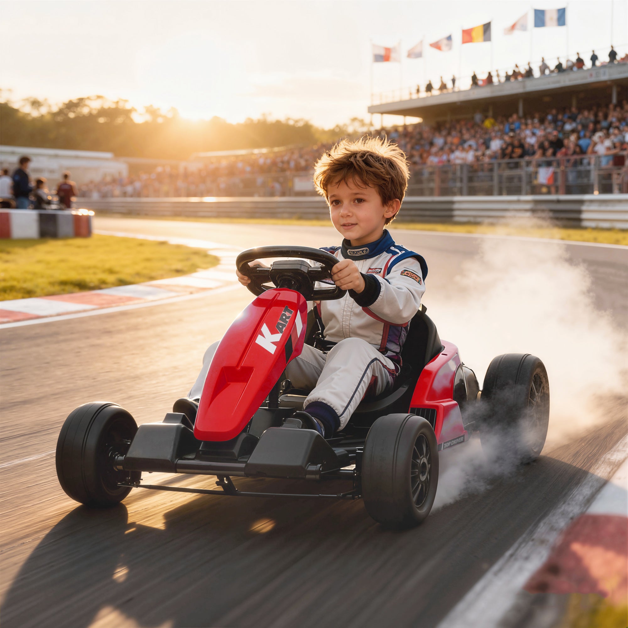 AIYAPLAY 24V Electric Go Kart, Drift Kart with Adjustable Seat, Slow Start, 5-Point Harness, Music, Horn, for 6-12 Years, Red 