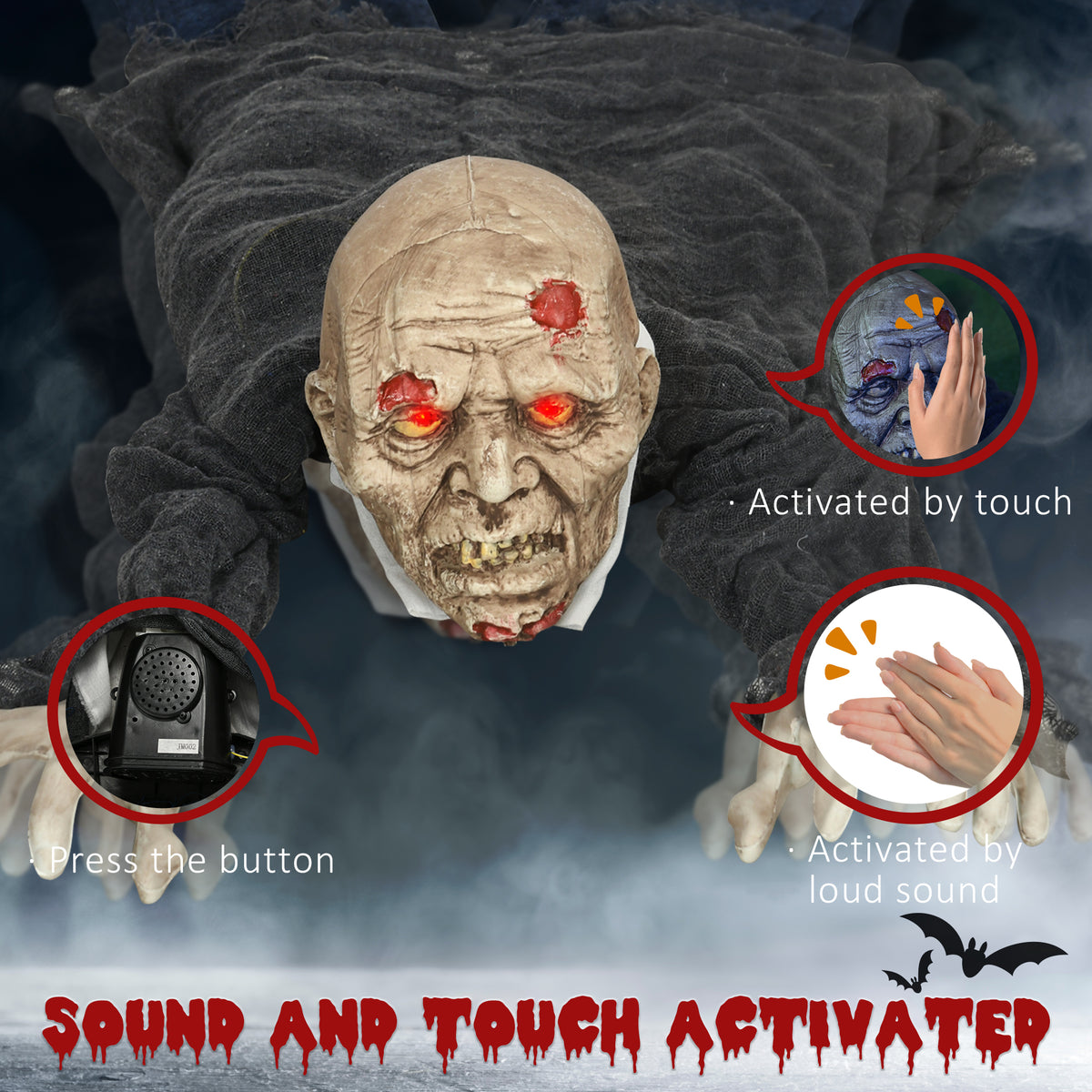 HOMCOM 5.2ft Life Size Outdoor Halloween Decoration Crawling Zombie, Animated Prop Decor with Sound and Motion Activated, Light Up Eyes, Howling Sound, Posable Arms 