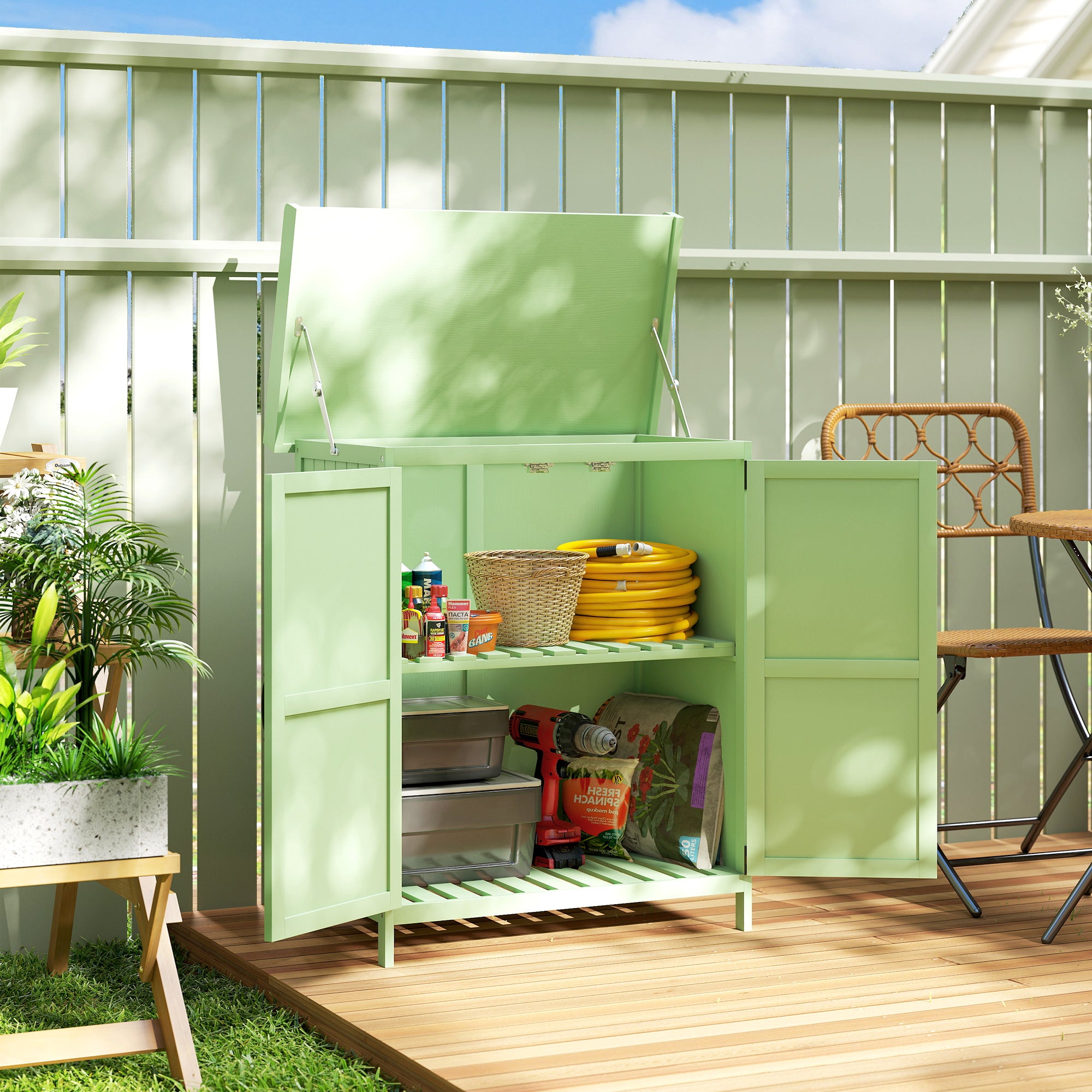 Outsunny Wooden Garden Shed, Garden Tool Storage Shed with Hinged Roof and Shelf, Outdoor Storage Cabinet with Double Doors, Light Green 