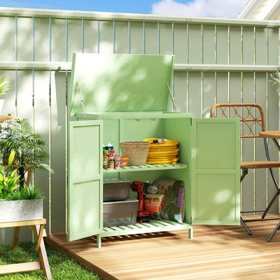 Outsunny Wooden Garden Shed, Garden Tool Storage Shed with Hinged Roof and Shelf, Outdoor Storage Cabinet with Double Doors, Light Green 