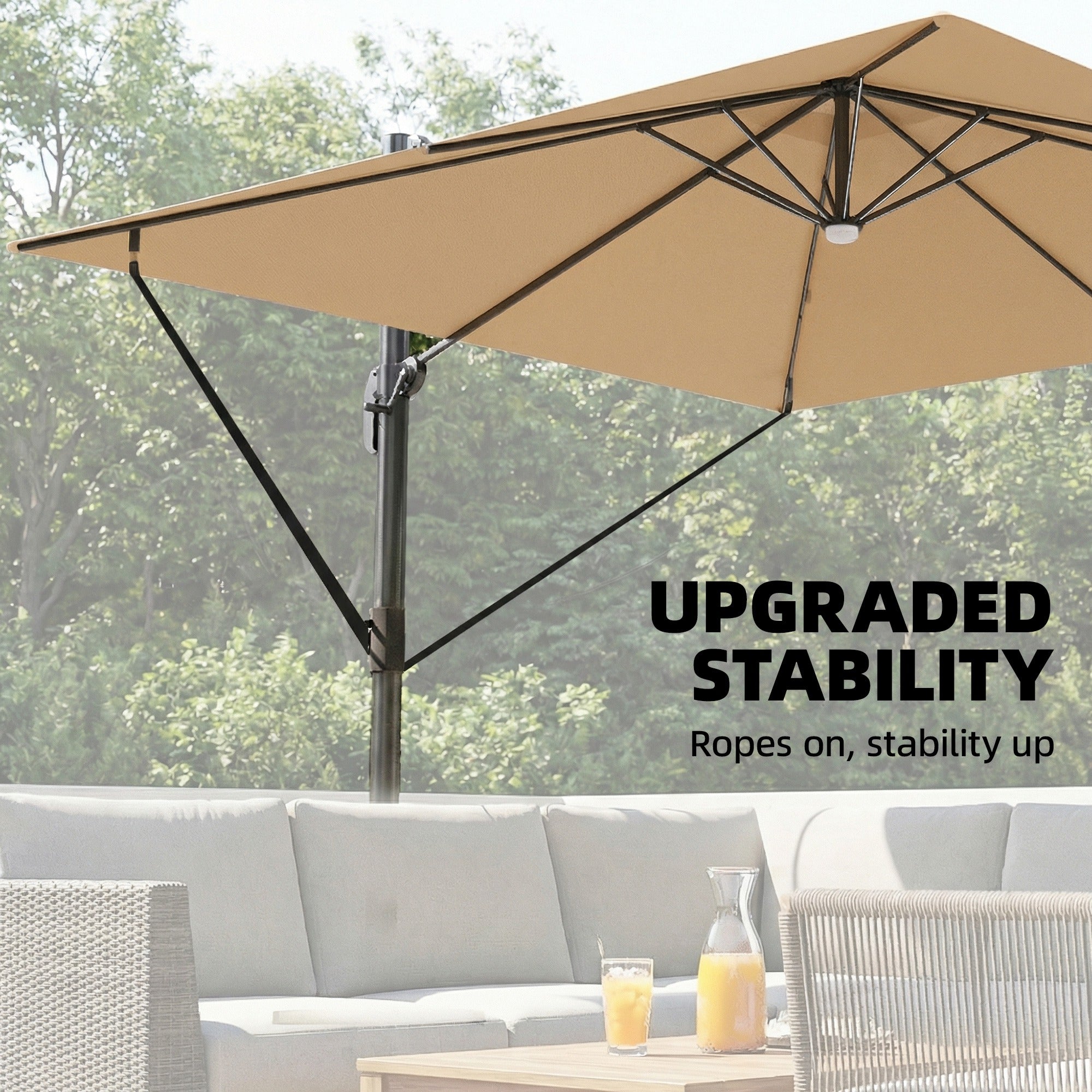 Outsunny 3 x 3 m Garden Cantilever Parasol with Light, Cover, Overhanging Umbrella w/ Wind Protection, 360° Rotation, Khaki 