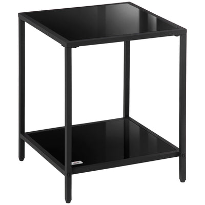 HOMCOM Side Table with Tempered Glass Top, End Table with 2-Tier Storage, Classic Accent Table with Steel Frame, Black 