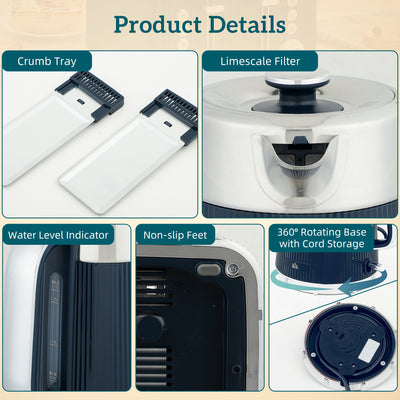 HOMCOM Electric Stainless Steel Kettle and Toaster Set, 3000W 1.7L UK Strix Thermostat Dark Blue 