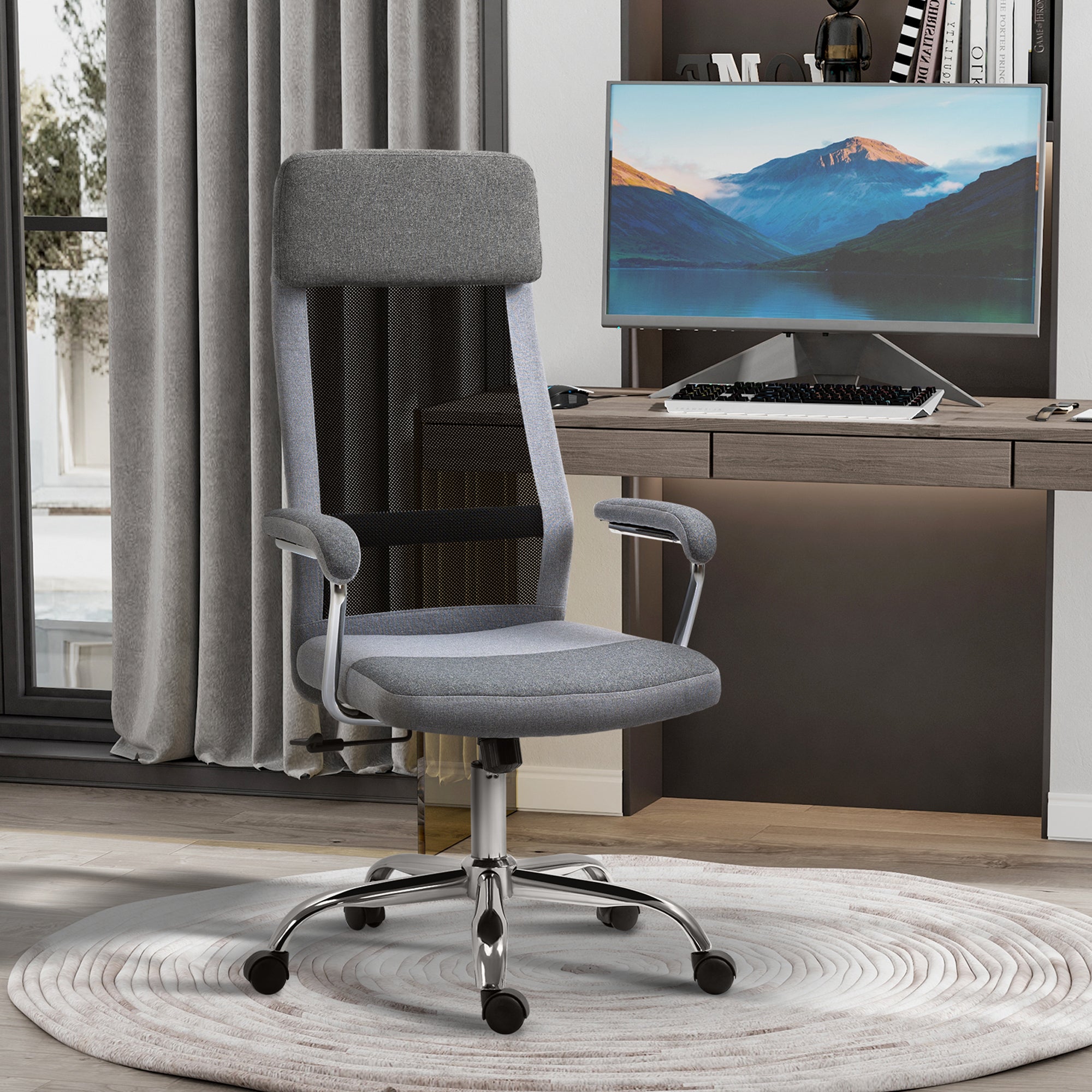 Vinsetto Office Chair, Ergonomic Desk Chair, High Back Computer Chair with Adjustable Height, Swivel Rolling Wheels, Mesh Back and Linen-Feel Fabric Seat for Home and Study, Grey 
