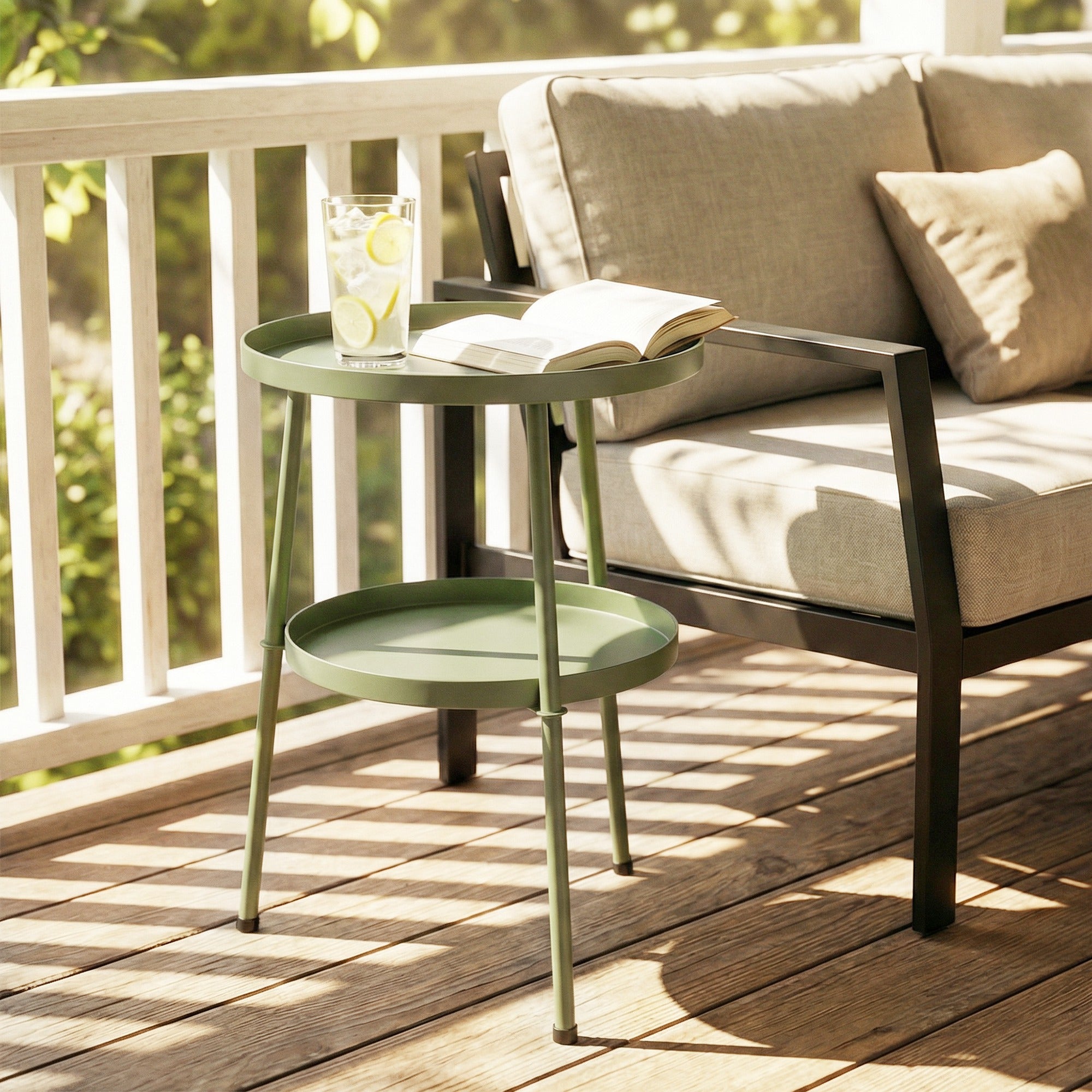 Outsunny Patio Side Table, 2-Tier Round Coffee End Table for Garden Balcony Living Room Bedroom, Light Green 