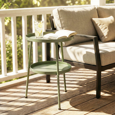 Outsunny Patio Side Table, 2-Tier Round Coffee End Table for Garden Balcony Living Room Bedroom, Light Green 