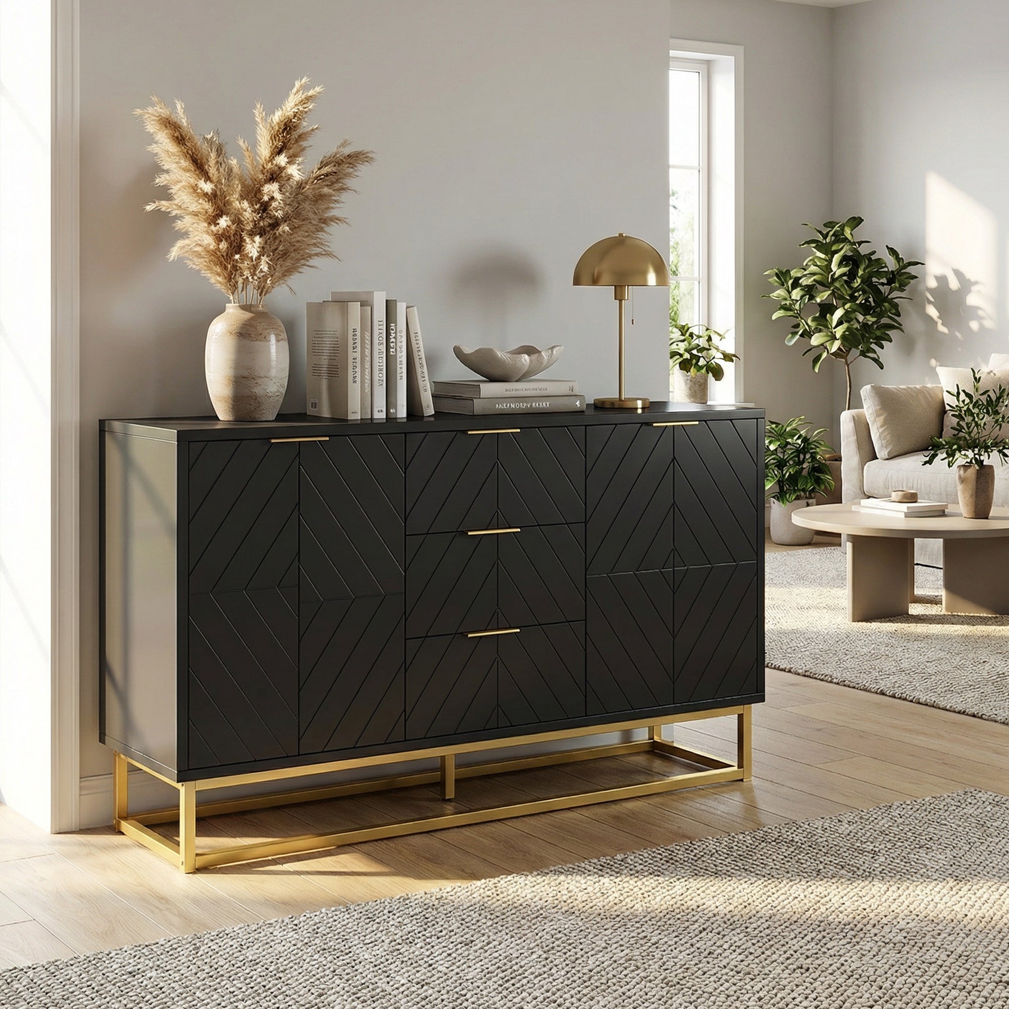 HOMCOM Sideboard with 3 Drawers and Adjustable Shelves for Living Room - Black 
