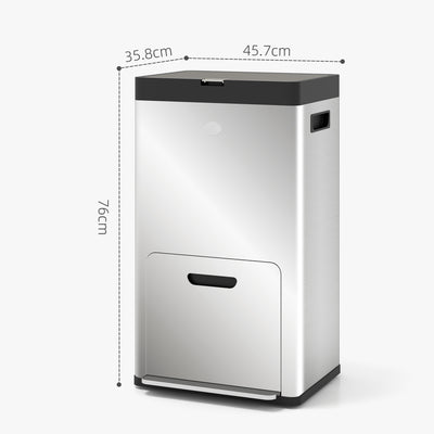 HOMCOM 56L Triple Compartment Stainless Steel Kitchen Bin, with Deodoriser Holders and Wheels - Silver Tone 