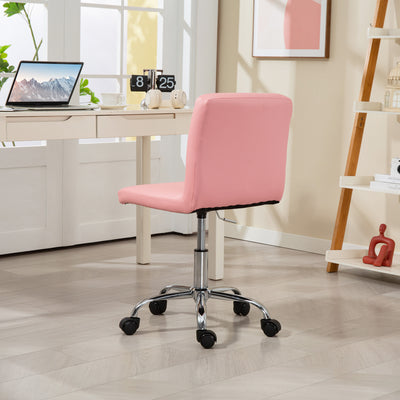 HOMCOM PU Leather Armless Office Chair, Modern Vanity Computer Swivel Chair with Rolling Wheels and Adjustable Height for Home Study, Bedroom, Pink 