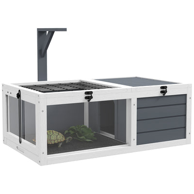 PawHut Tortoise Table with Wooden Lamp Holder, Wooden Tortoise House w/ Openable Lids, Pull-Out Trays - Grey 