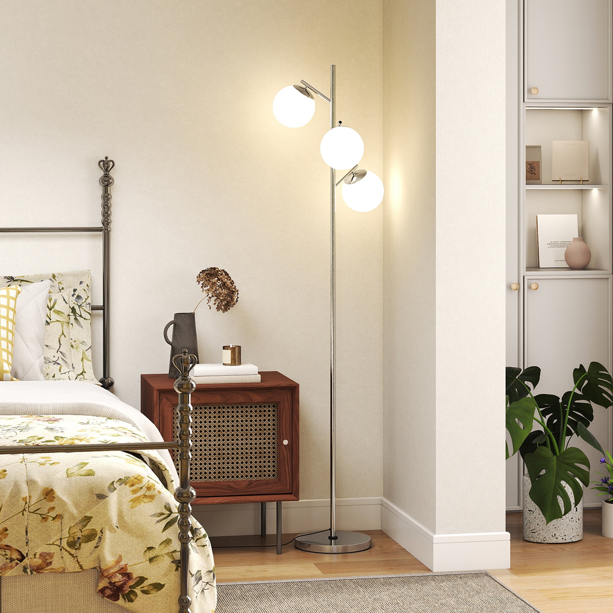 HOMCOM 3-Light Tree Floor Lamps for Living Room, Modern Standing Lamp for Bedroom with Globe Lampshade, 3000K/4000K/6000K Colour Temperatures, Steel Base, Silver Tone