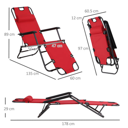 Outsunny 2 Pieces 2 in 1 Sun Lounger Folding Reclining Chair Garden Outdoor Camping Adjustable Back with Pillow, Red 