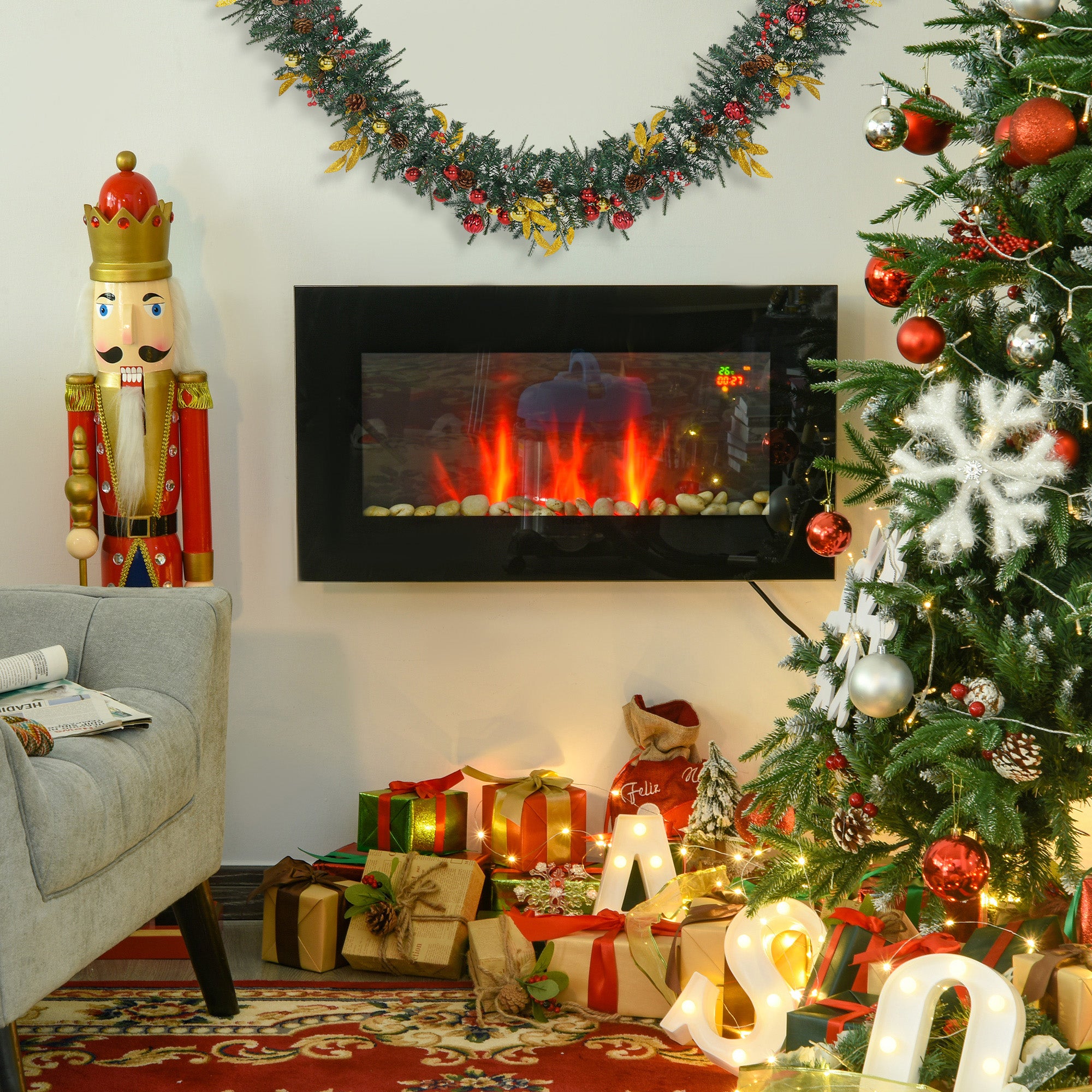 HOMCOM 1000W/2000W Electric Wall Fireplace w/ LED Flame Effect Timer Remote Sleek Stylish Safe Home Heating 20-25㎡ 