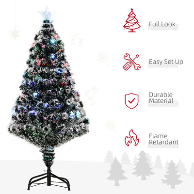 HOMCOM 4ft Artificial Prelit Christmas Tree, Snow Xmas Tree with Colourful LED Lighting Fibre Optics, Green White