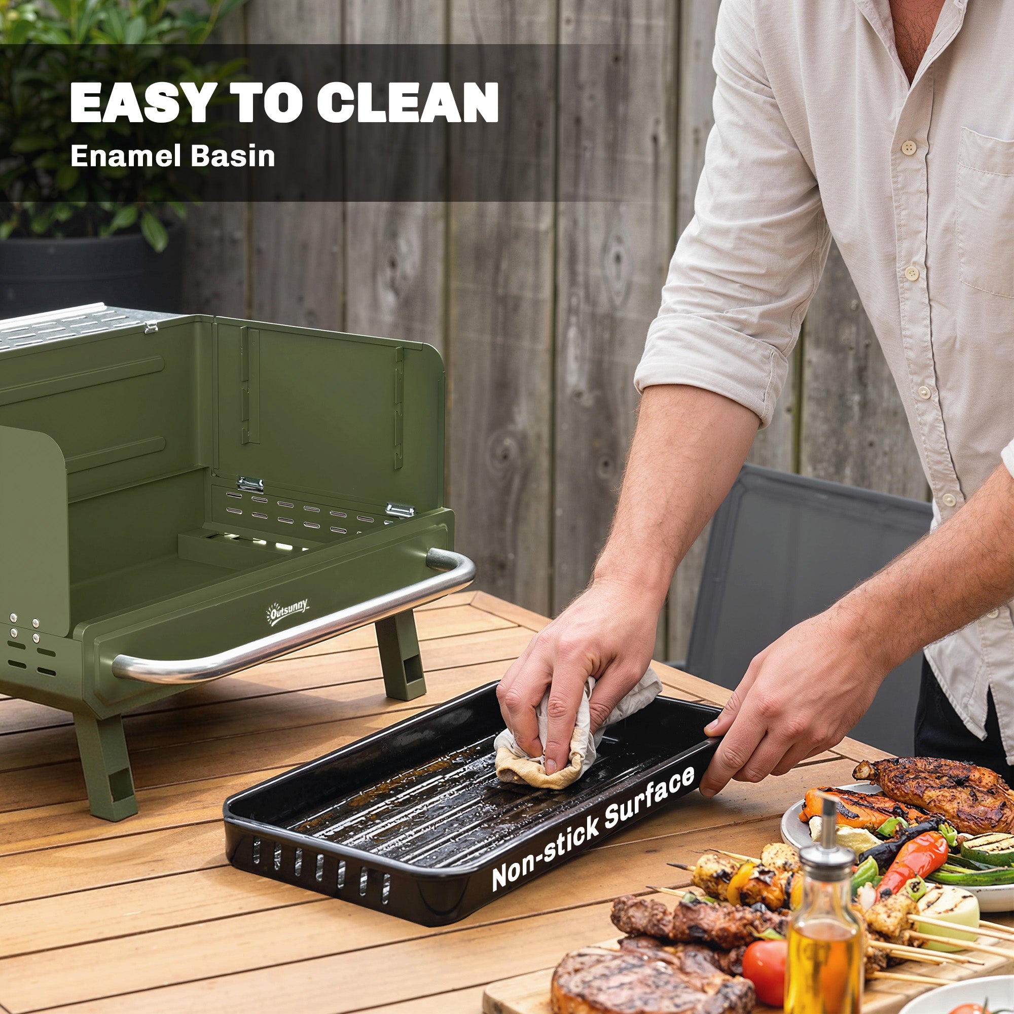 Outsunny Portable BBQ Grill, Charcoal Barbecue Grill with Adjustable Grates, Foldable Legs, Side Shelf for Camping Travel, Green 