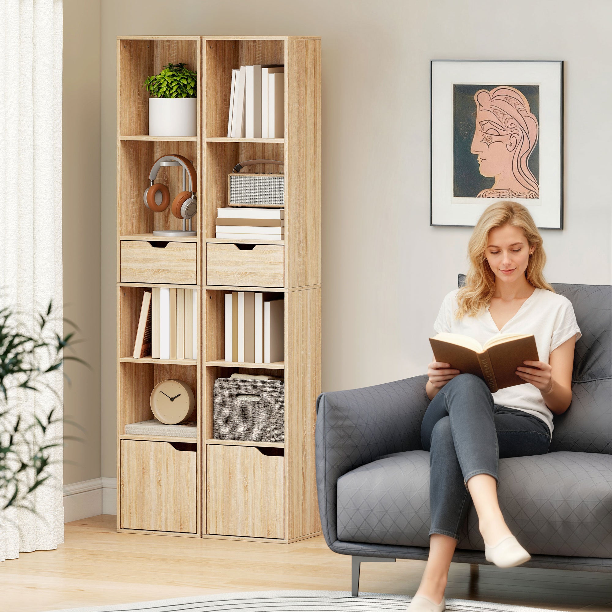 HOMCOM 6-Tier Bookcase, Tall Narrow Bookshelf with Drawer and Door - Natural Wood Finish 