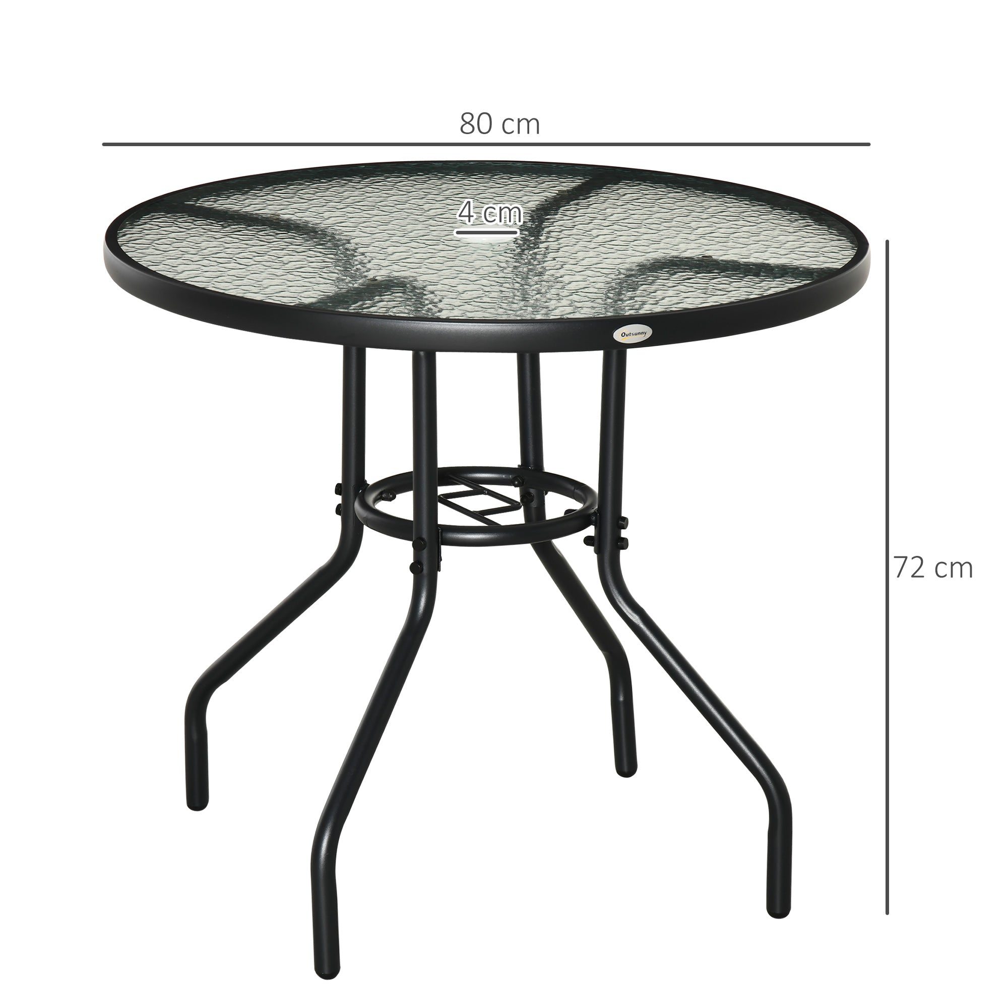 Outsunny Outdoor φ80cm Round Dining Table Tempered Glass Top Steel Frame Bistro Coffee End Side Table Garden w/ Parasol Hole 