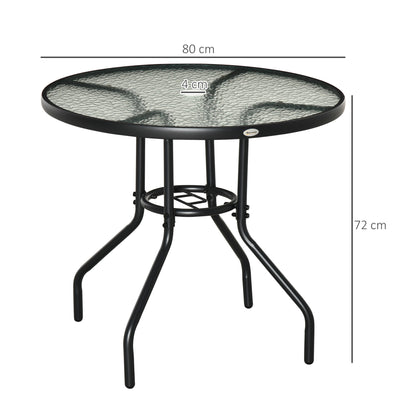 Outsunny Outdoor φ80cm Round Dining Table Tempered Glass Top Steel Frame Bistro Coffee End Side Table Garden w/ Parasol Hole 