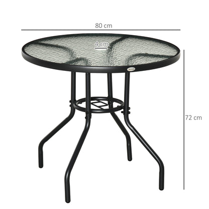 Outsunny Outdoor φ80cm Round Dining Table Tempered Glass Top Steel Frame Bistro Coffee End Side Table Garden w/ Parasol Hole 