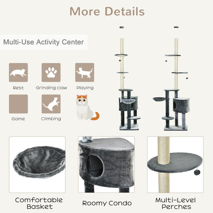 PawHut Floor to Ceiling Cat Tree for Indoor Cats Play Tower Climbing Activity Center Scratching Post Platforms Condo Adjustable Height 220-265cm Dark Grey 