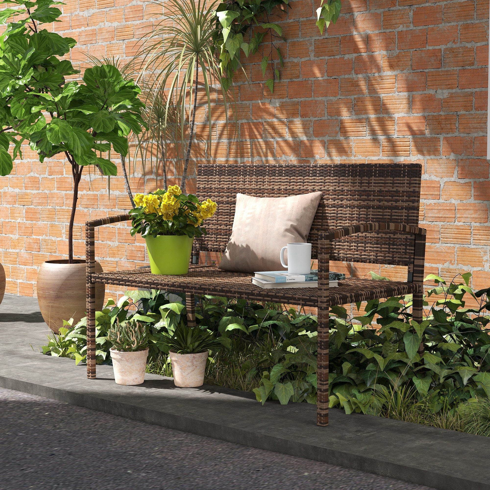 Outsunny All Weather Wicker Garden Loveseat, 2 Seater Poly Rattan Garden Bench, Outdoor Seating Bench Brown 