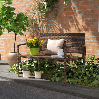 Outsunny All Weather Wicker Garden Loveseat, 2 Seater Poly Rattan Garden Bench, Outdoor Seating Bench Brown 