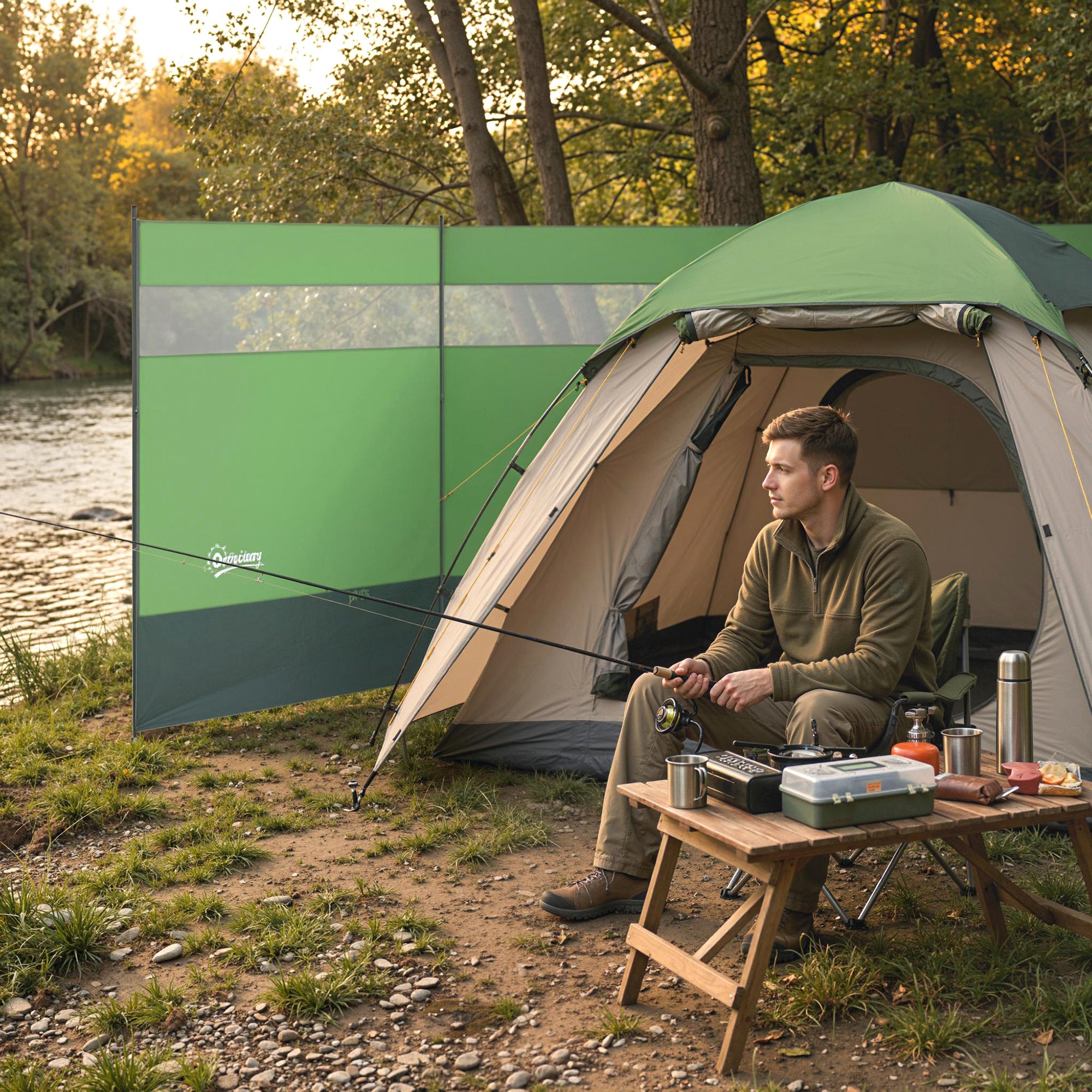 Outsunny Camping Windbreaker with Clear Windows, Carry Bag and Steel Poles, for Beach Caravan Campervan, 440 x 140cm, Army Green 
