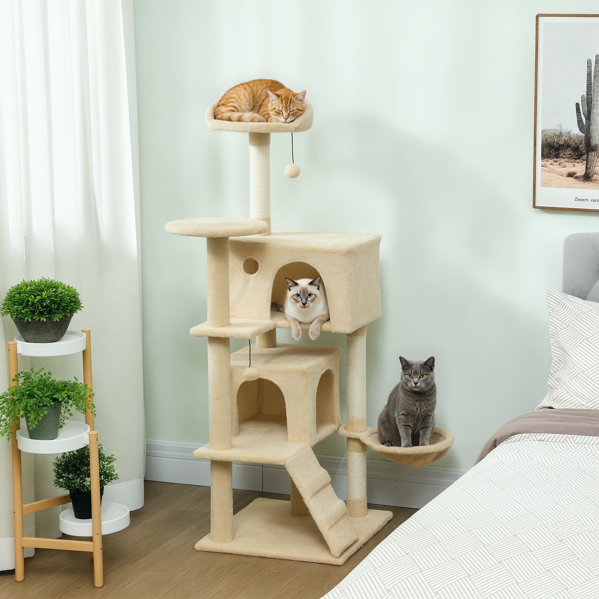PawHut 140cm Large Cat Tree Tower with Sisal Scratching Posts, Plush Perches, Hammock, Beige 