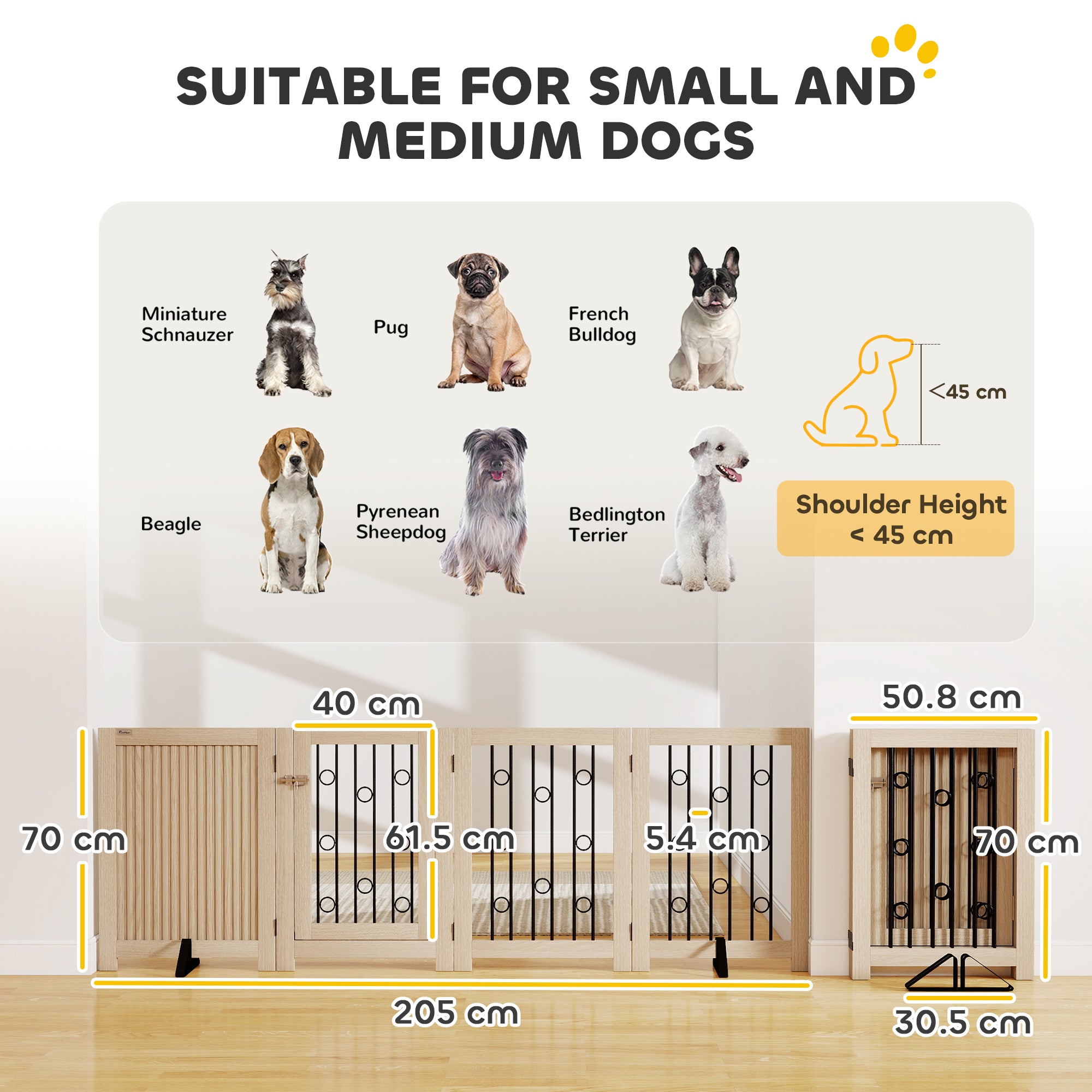 PawHut 4 Panel Freestanding Pet Gate, Indoor Dog Barrier with Lockable Door, Support Feet, 360° Flexible Hinges, Oak 