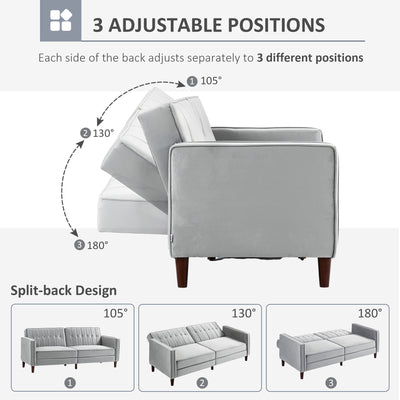 HOMCOM Modern Convertible Sofa Futon Velvet-Touch Tufted Couch Compact Loveseat with Adjustable Split Back, Light Grey 