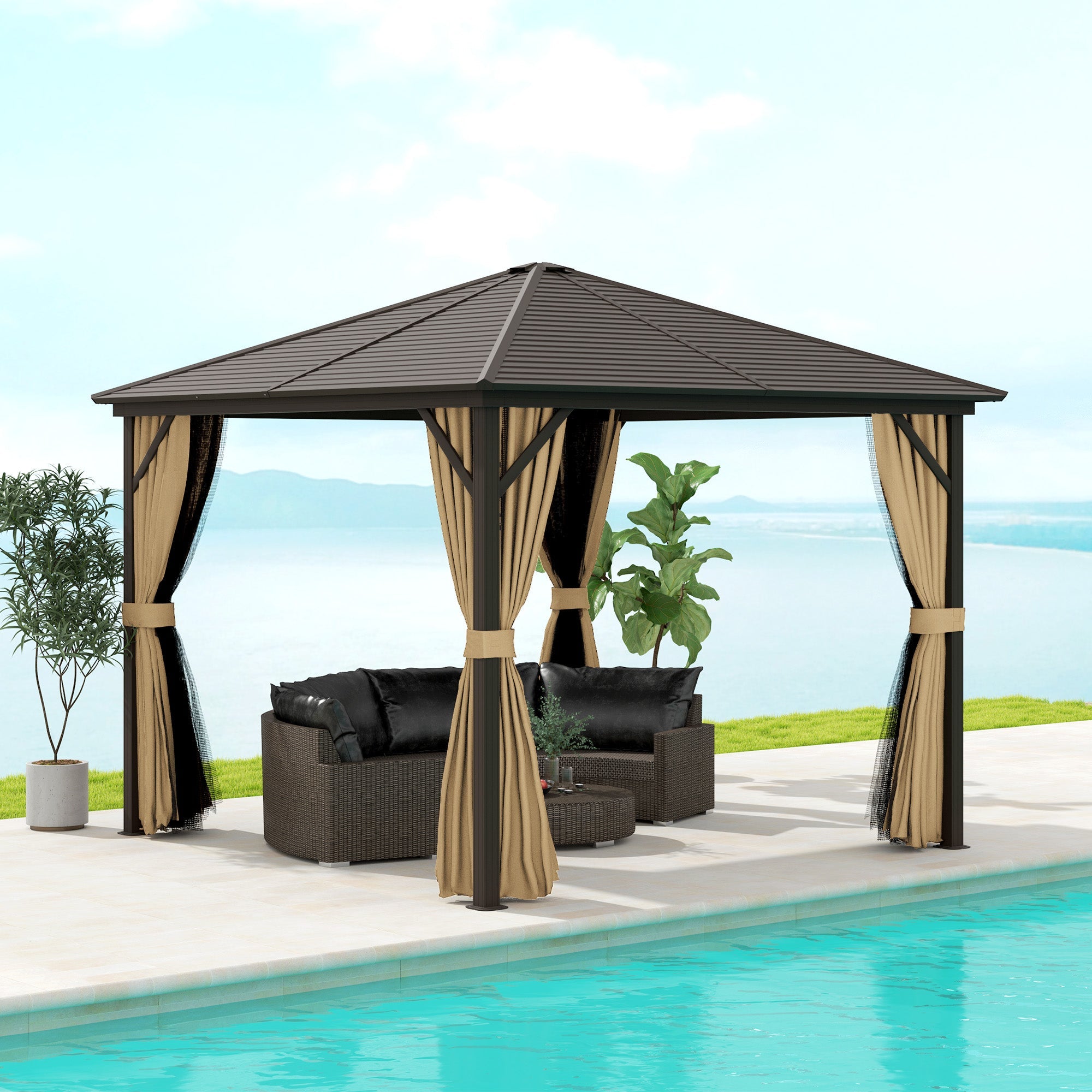 Outsunny 3 x 3(m) Metal Hardtop Gazebo, with Curtains and Accessories - Brown 