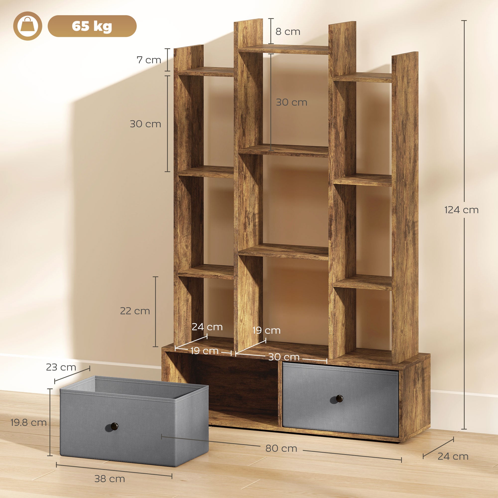 HOMCOM 12 Shelf Storage Unit, with Drawers - Brown 