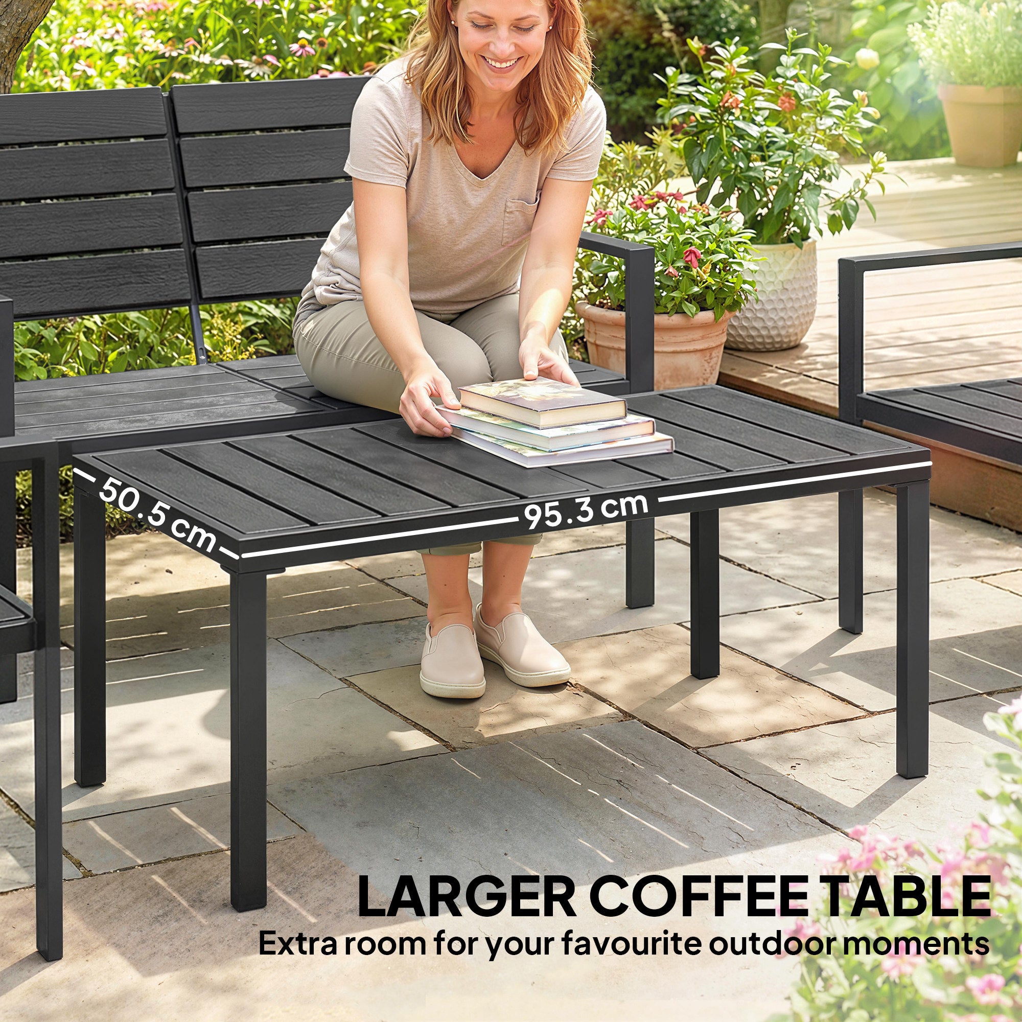 Outsunny 4 Piece Garden Furniture Set, Outdoor Sofa Set with HDPE Slatted Loveseat Armchairs Coffee Table Metal Frame, Black 