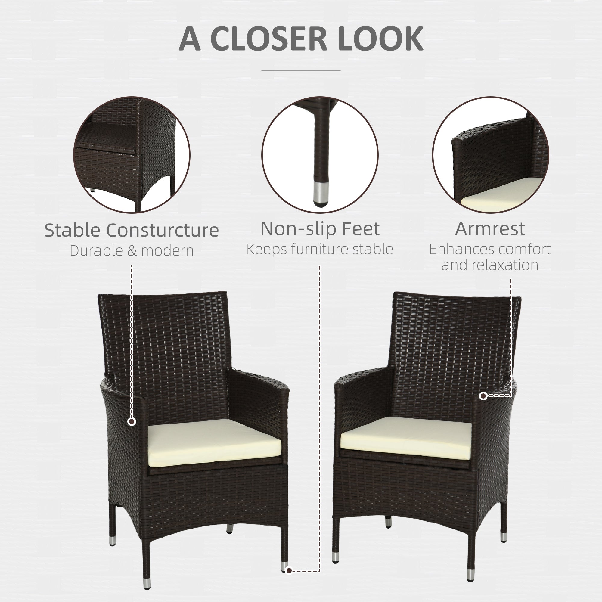 Outsunny 2 Pieces Outdoor PE Rattan Dining Chairs Set with Cushion, Garden Armchair with Armrests, High Backrest, Metal Frame Patio Wicker Furniture, Coffee 