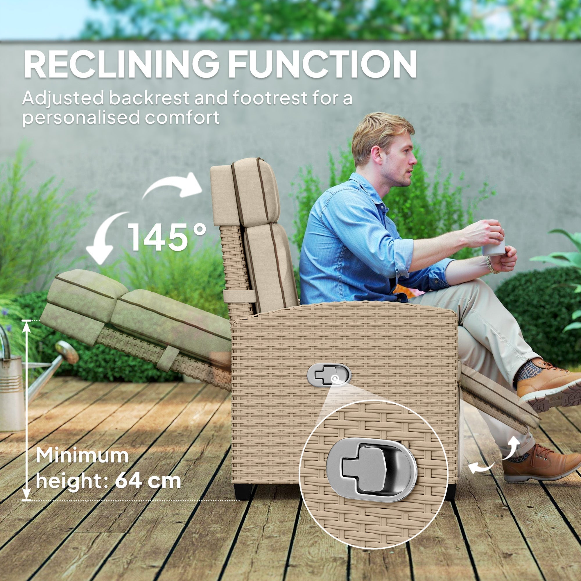 Outsunny Rattan Garden Recliner Chair, Adjustable Backrest Reclining Rattan Chair with Flip Table, Cushion and Footrest, Indoor Outdoor Lounge Reclining Sun Lounger for Patio, Yellow/Beige 