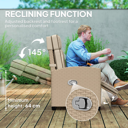 Outsunny Rattan Garden Recliner Chair, Adjustable Backrest Reclining Rattan Chair with Flip Table, Cushion and Footrest, Indoor Outdoor Lounge Reclining Sun Lounger for Patio, Yellow/Beige 