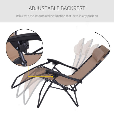 Outsunny Zero Gravity Chair Set of 2, Metal Frame Texteline Armchair Outdoor Folding and Reclining Sun Lounger with Head Pillow for Patio Decking Gardens Camping, Beige 