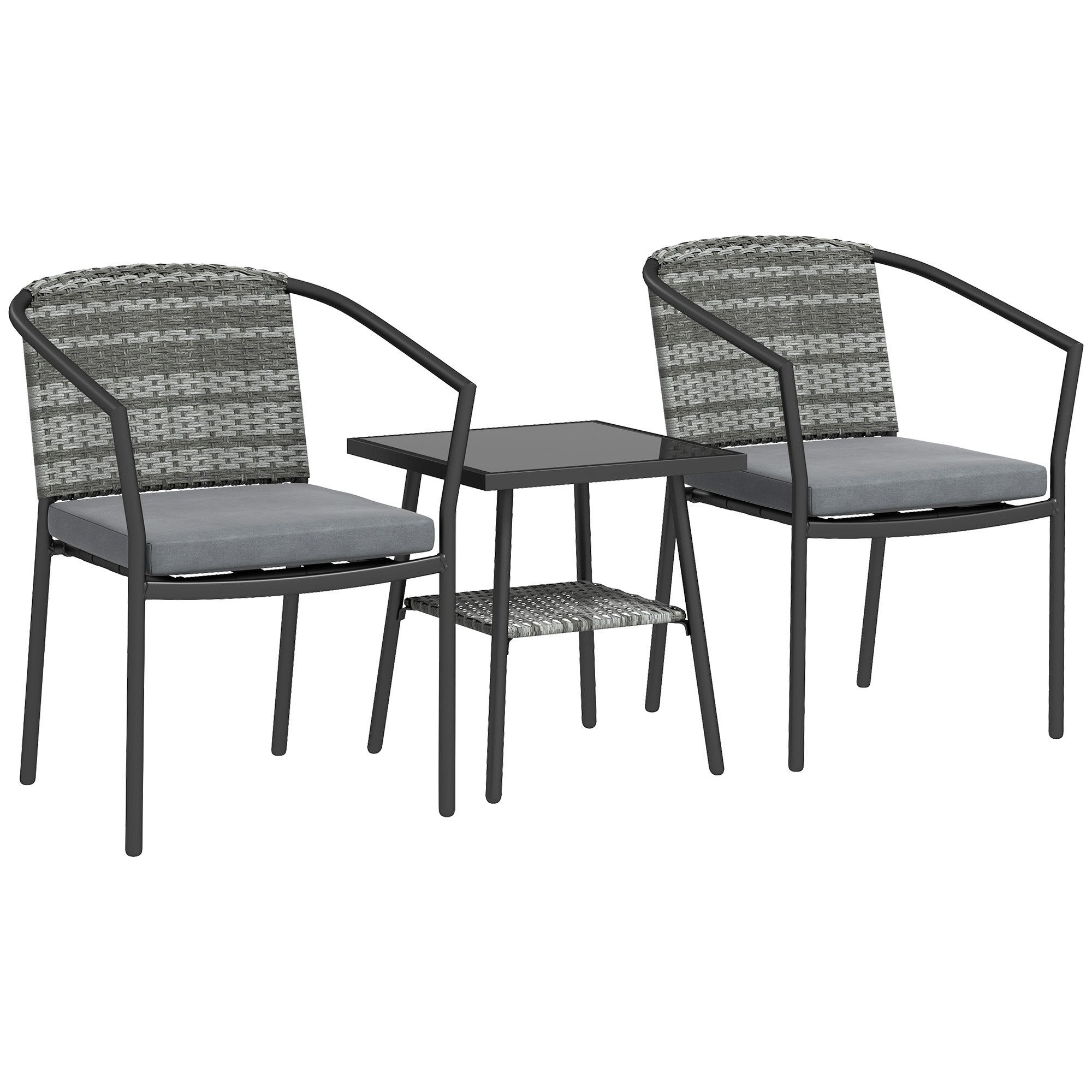 Outsunny 3 Pieces Rattan Bistro Set with Cushions, Wicker Garden Furniture Set, Glass Top Coffee Table and Chairs for Outdoor Patio, Balcony, Terrace and Conservatory, Grey 