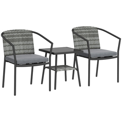 Outsunny 3 Pieces Rattan Bistro Set with Cushions, Wicker Garden Furniture Set, Glass Top Coffee Table and Chairs for Outdoor Patio, Balcony, Terrace and Conservatory, Grey 