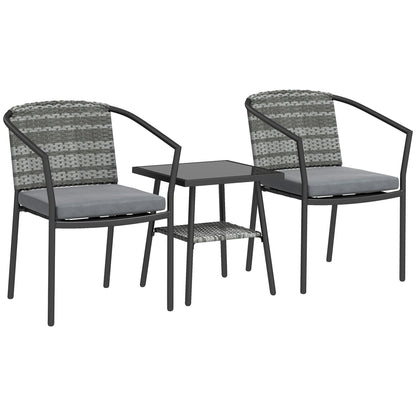 Outsunny 3 Pieces Rattan Bistro Set with Cushions, Wicker Garden Furniture Set, Glass Top Coffee Table and Chairs for Outdoor Patio, Balcony, Terrace and Conservatory, Grey 
