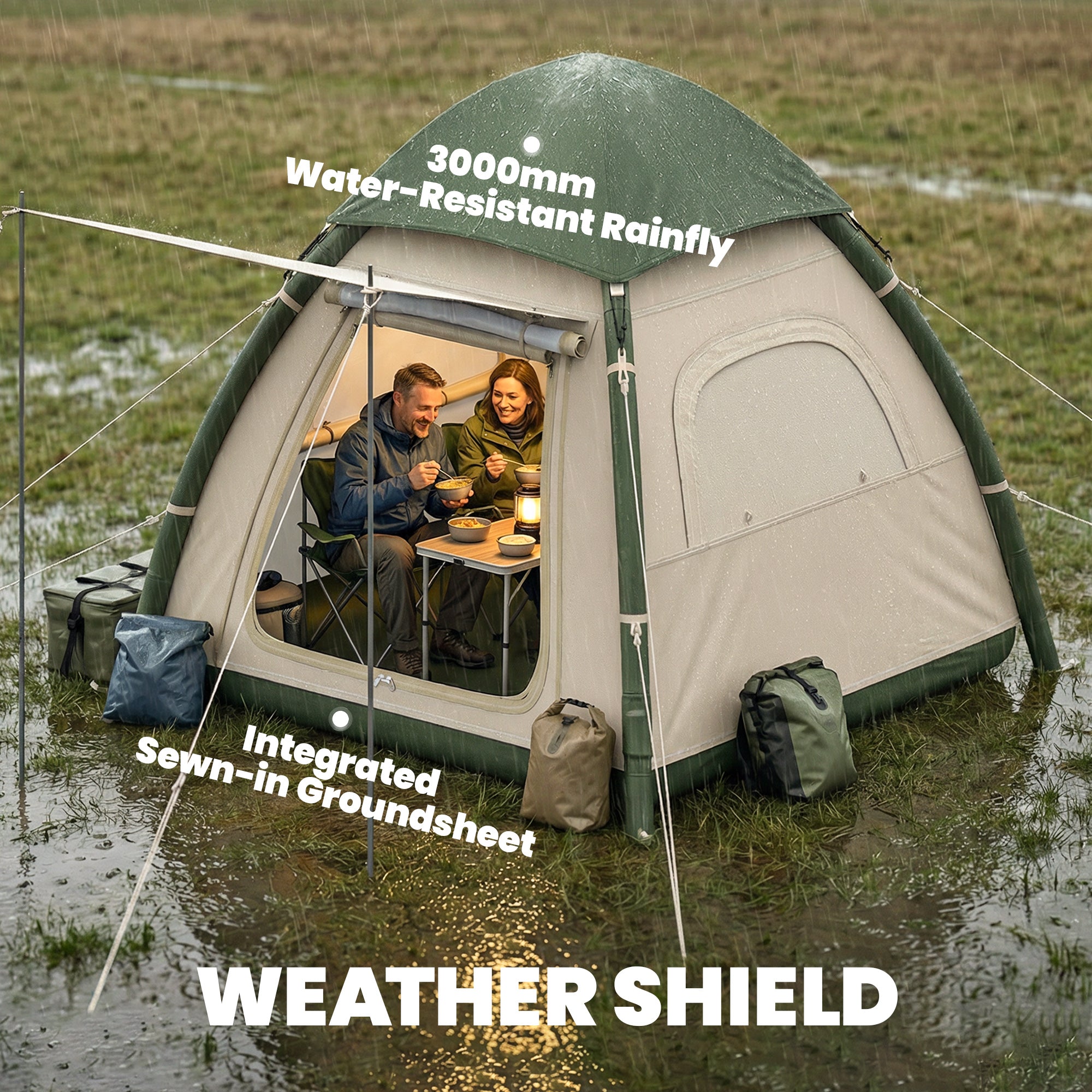 Outsunny Inflatable Camping Tent with Rainfly, 3 Man Air Tent 3000mm Waterproof Blow Up Tents, Beige 