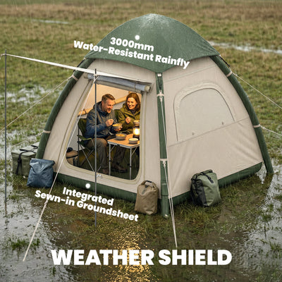 Outsunny Inflatable Camping Tent with Rainfly, 3 Man Air Tent 3000mm Waterproof Blow Up Tents, Beige 