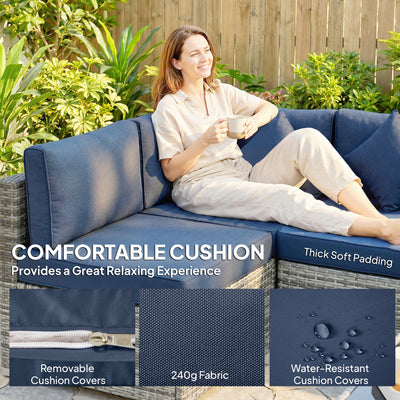 Outsunny 8 Pieces PE Rattan Corner Sofa Set, Outdoor Garden Furniture Set, Patio Wicker Sofa Seater w/ Cushion, Dark Blue 