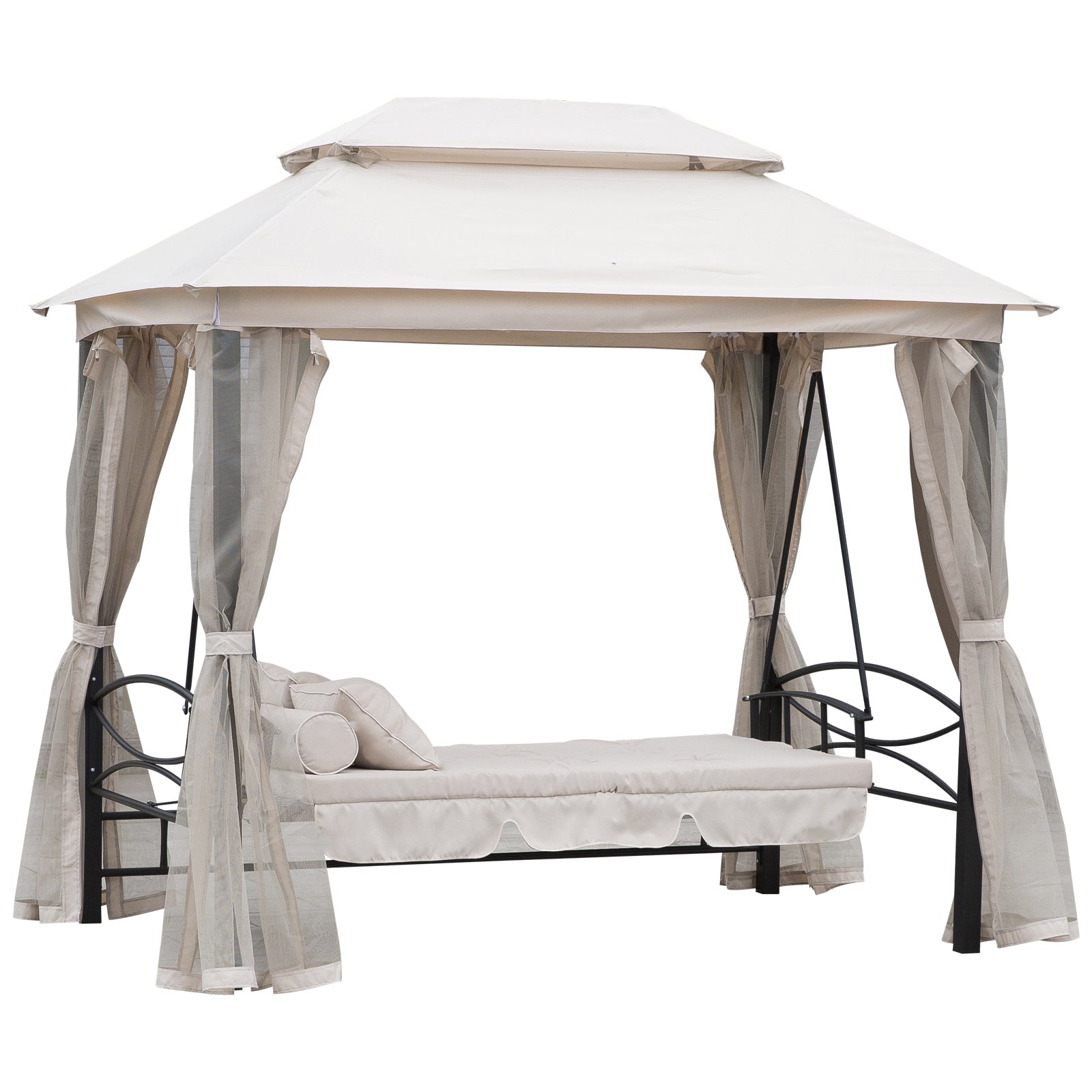 Outsunny 2-in-1 Convertible Gazebo Swing Chair Bed W/Netting, 245Lx165Wx243H cm-Beige/Black 
