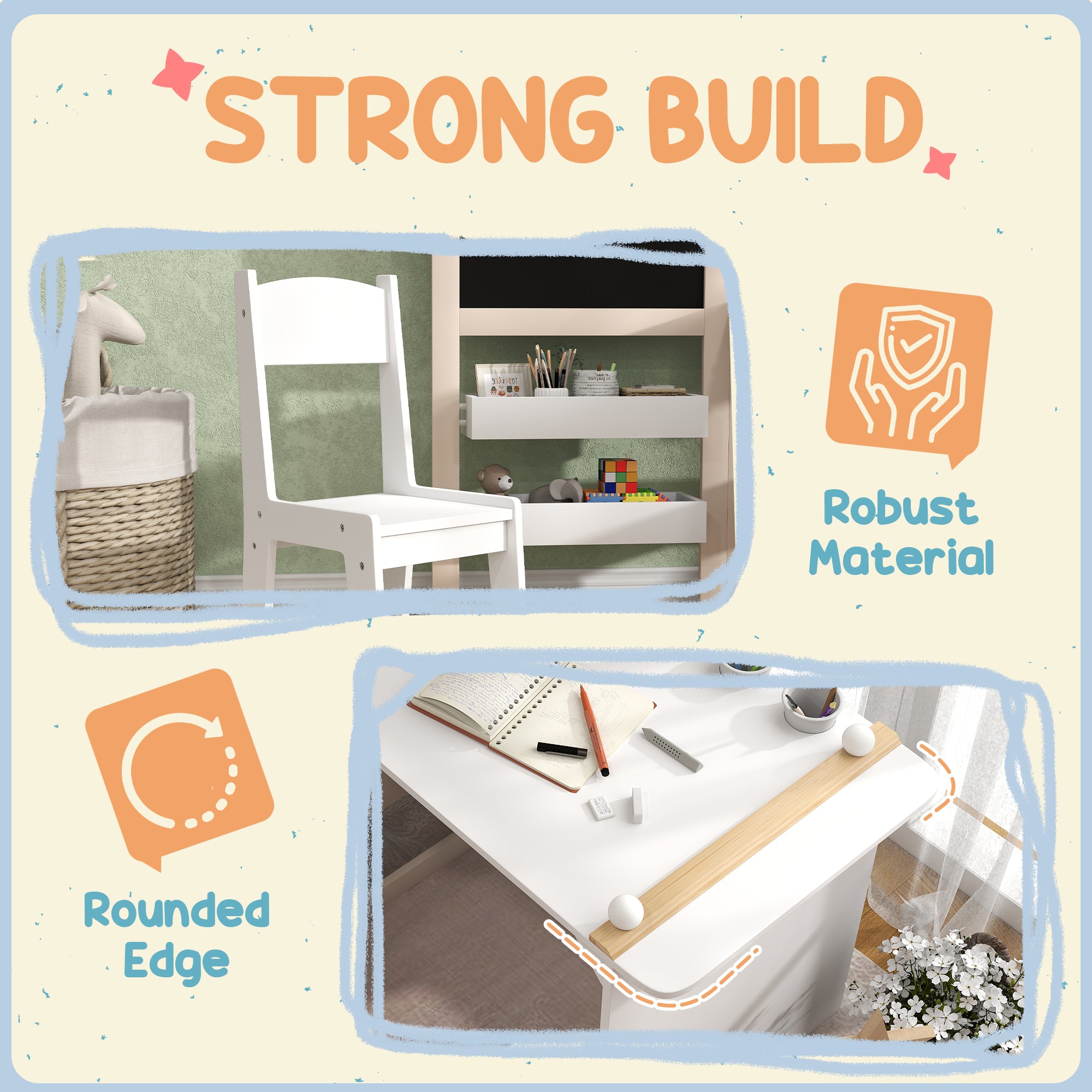 AIYAPLAY 3 in 1 Kids Table and Chair Set with Storage, Whiteboard, Blackboard & Roll Paper for 3-8 Years, White 