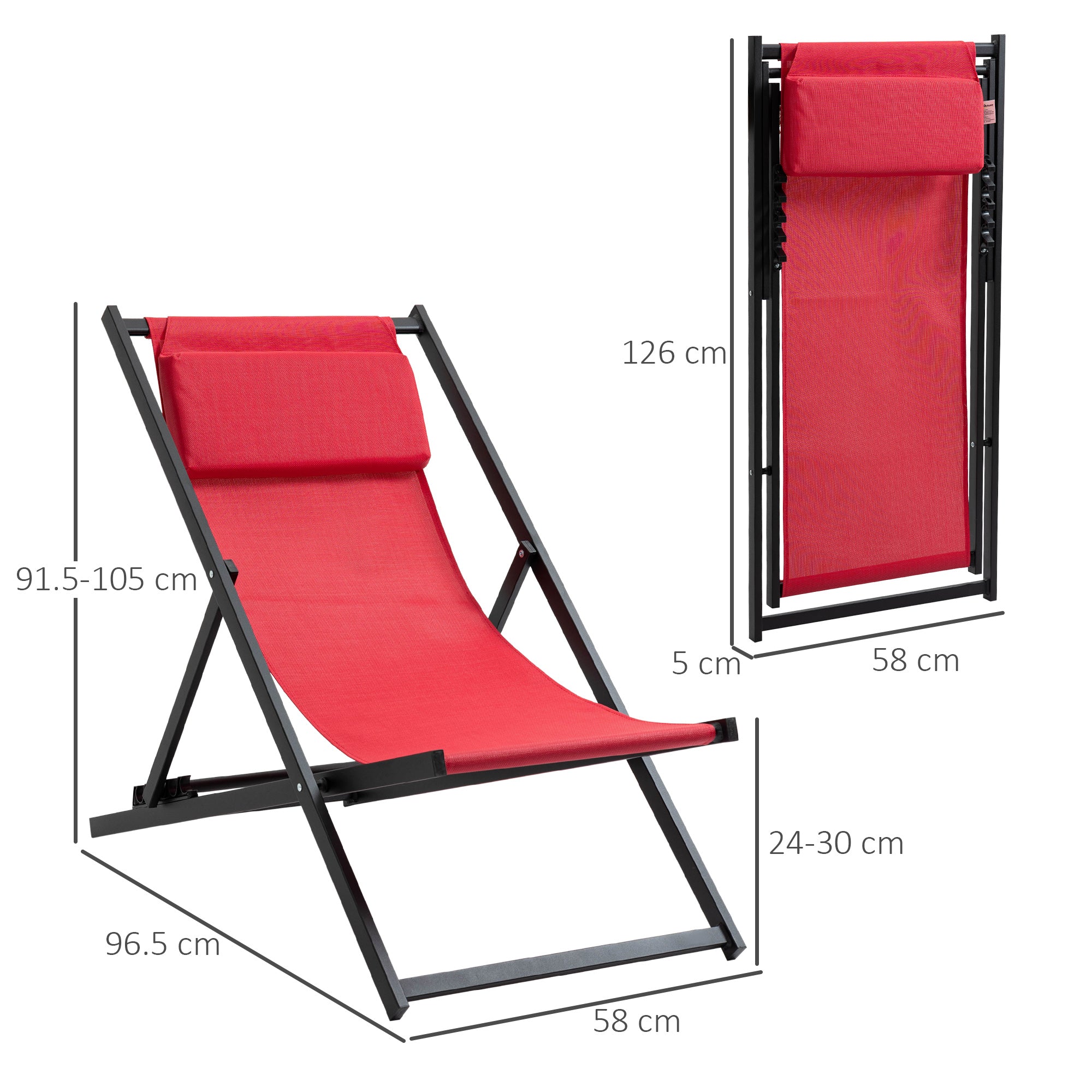 Outsunny Set of 2 Folding Garden Beach Aluminium Frame Deck Chairs Deckchairs Seaside Folding Garden Patio Lounger, Red 