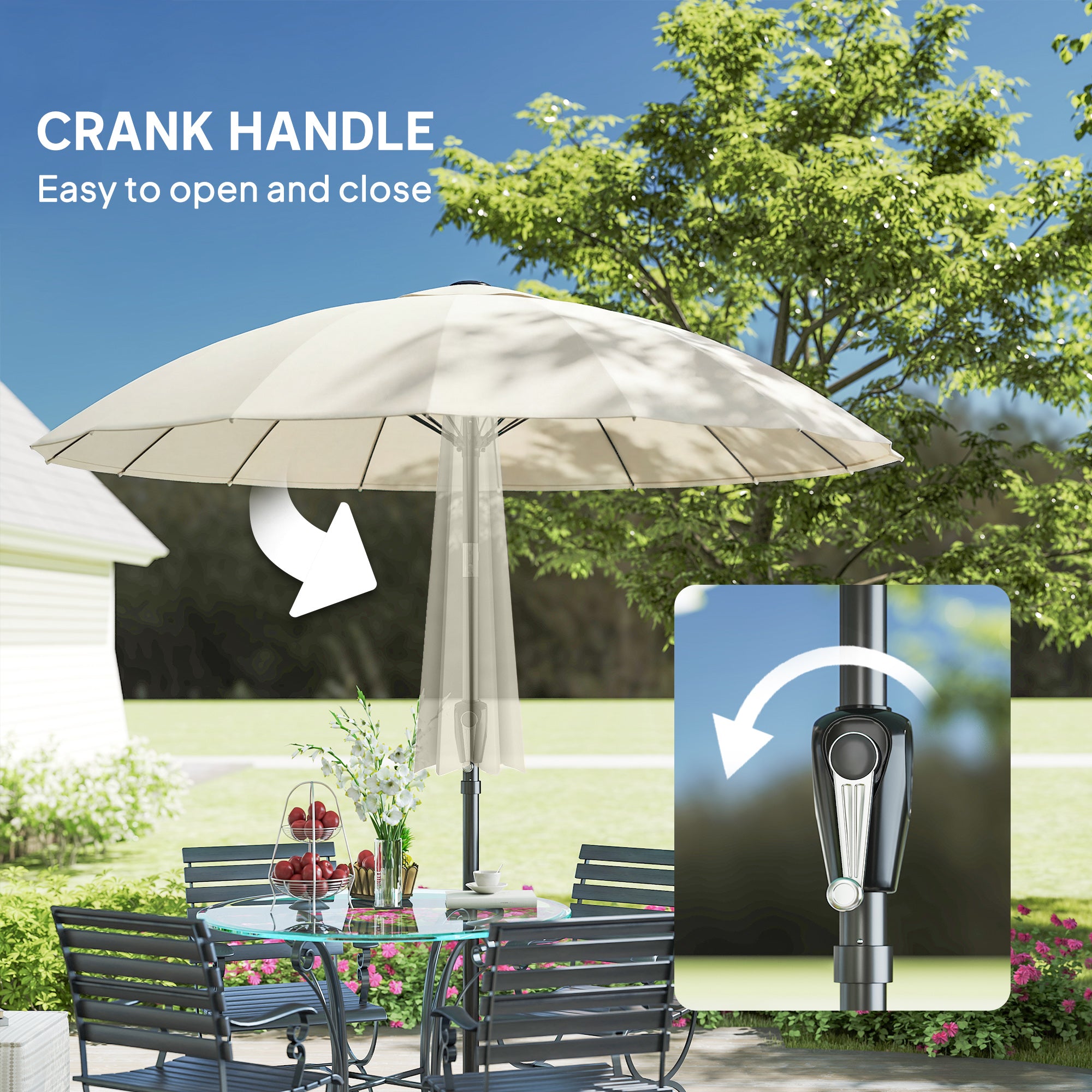 Outsunny 2 m Shanghai Garden Parasol Umbrella with 16 Fibreglass Ribs, Outdoor Parasol Sun Shade with Crank & Tilt, Cream White 